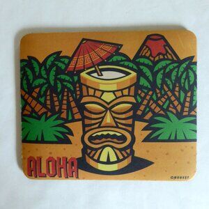 NEW MOUSE PAD ALOHA TIKI GOD DRINK MUG PALM TREES VOLCANO CUSHIONED